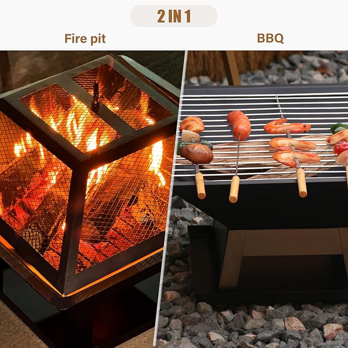 19.8inch Portable Small Fire Pit with a Removable Ash Pan, Fire Poker, Mesh Lid, 2 in 1 Square Outdoor Fireplace for BBQ, Outside Heating, Bonfire Party, Camping, Backyard, Patio, RV Trip