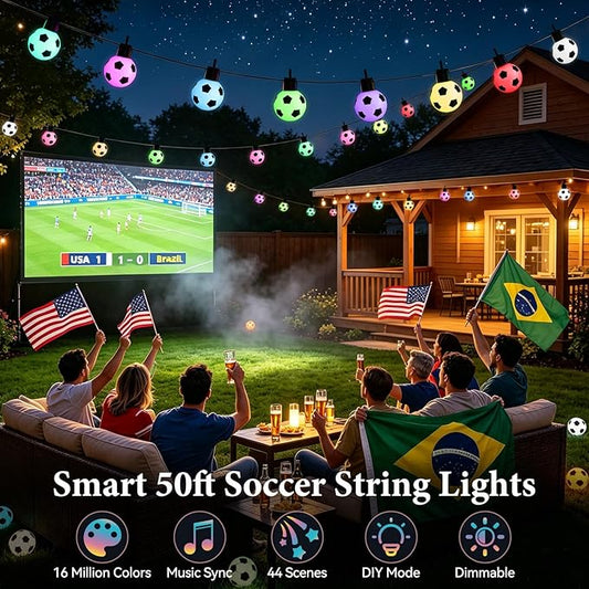 Soccer 50 FT Smart Outdoor String Lights Waterproof, 15 RGBW LED Bulbs 16 Million Colors with App & Remote Control for World Cup Decorations 2026
