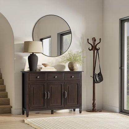SIMPLIHOME Connaught 51" Solid Wood Cabinet in Chestnut Brown | Traditional space-saving entryway or mudroom cabinet with 3 drawers and adjustable shelves for organized household storage.