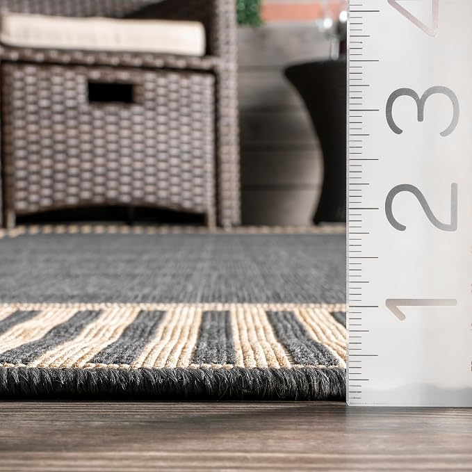 Nuloom Asha Dark Grey/Ivory, 2' x 3', Casual, Striped Border, Soft and Cozy, High Traffic, Stain Resistant, Easy Clean, Durable Area Rug for Indoor/Outdoor Patio, Deck, Porch, Garden, Courtyard
