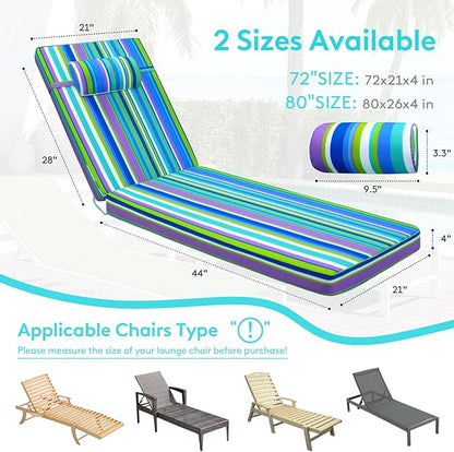 Chaise Lounge Cushion for Outdoor Furniture, Waterproof, Fade-Resistant and Tear Resistant, Patio Lounger Pads with Removable Cover for Pool, Deck, Lawn, 72x21x4 Inch, Blue & Green Stripe