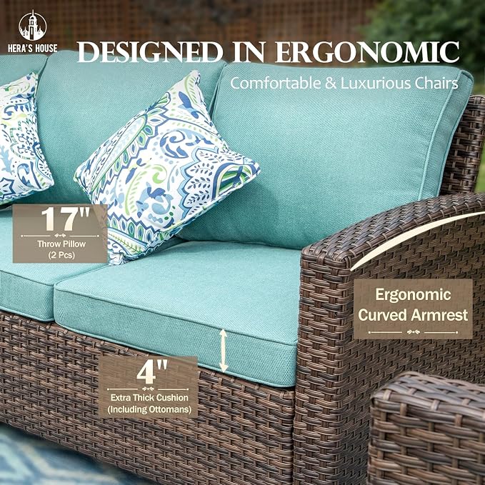 HERA'S HOUSE Outdoor Patio Sofa, 3-Seat Wicker Couch Loveseat, Deep Seating Furniture for Lawn Garden Porch Backyard, Blue