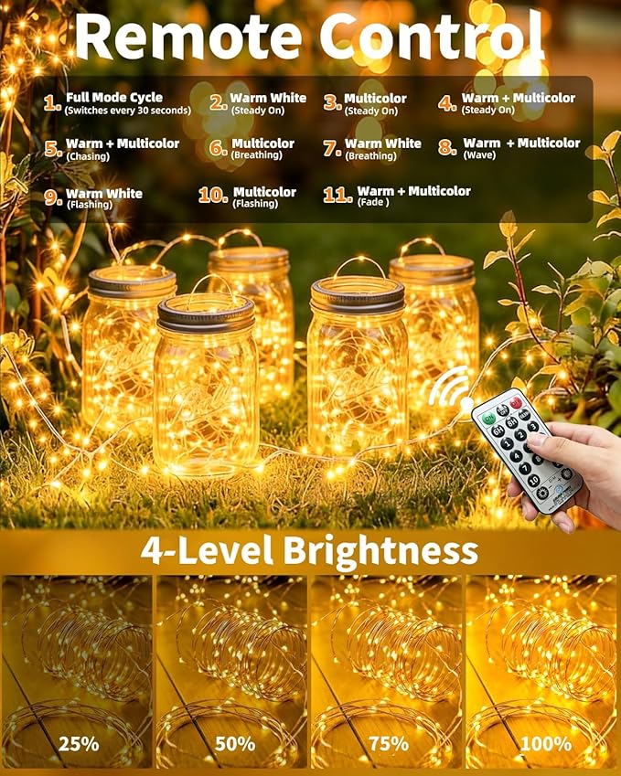 Solar Fairy String Lights 4 Pack Outdoor Remote Total 158FT 480LED Warm Multicolor 11 Mode Solar Powered Waterproof Copper Wire Twinkle String Light for Christmas Garden Tree Wedding Yard Decoration