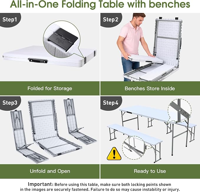 Camping table folding table and chairs foldable picnic table Portable White | Folding Table and Bench Set: 6-ft portable picnic table with two attached benches. Ideal for camping,BBQ and outdoor events