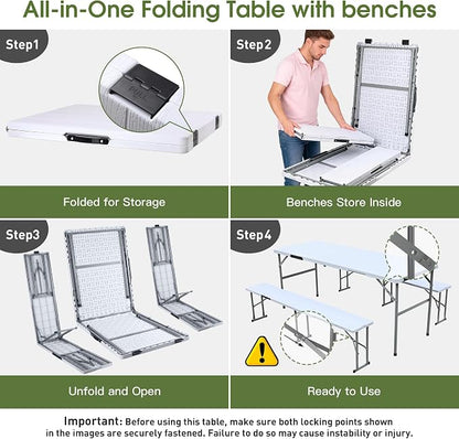 Camping table folding table and chairs foldable picnic table Portable White | Folding Table and Bench Set: 6-ft portable picnic table with two attached benches. Ideal for camping,BBQ and outdoor events