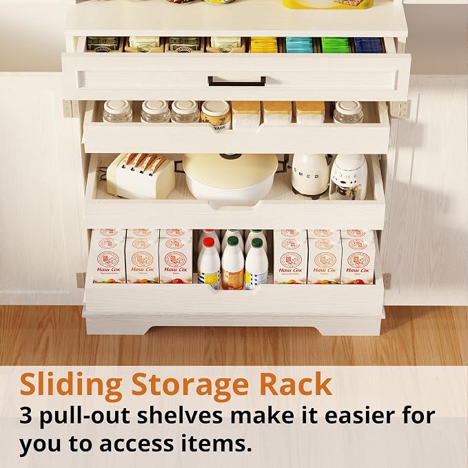 IRONCK 72" Kitchen Pantry Cabinet with Sliding Rack & Adjustable Shelves | Kitchen Storage Cabinets with Drawers and Door Shelves, Freestanding Cupboard for Dining Room, Living Room, White