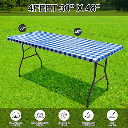 Smiry Rectangle Picnic Table Cloth, Elastic Waterproof Fitted Vinyl Tablecloths, Flannel Backed Buffalo Plaid Table Covers for Dining, Camping, Outdoor (White and Blue, 30" x 48")
