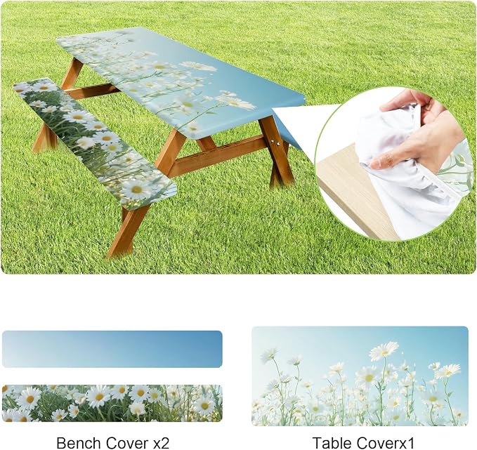 ANNA QUEEN Blue Daisy 6FT Picnic Table Cover Set, 3PCS 72"x30" Floral Tablecloth and Bench Covers, Waterproof Camping Spring Wedding & Garden Party Decor