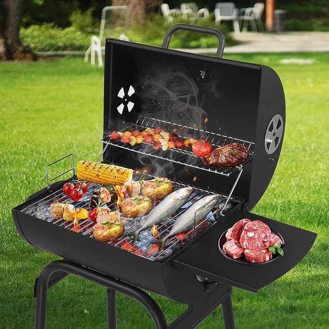 Charcoal Grills Outdoor BBQ Grill, Barrel Charcoal Grill with Side Table and Wheels, for Outdoor Backyard Camping Picnics Patio and Parties