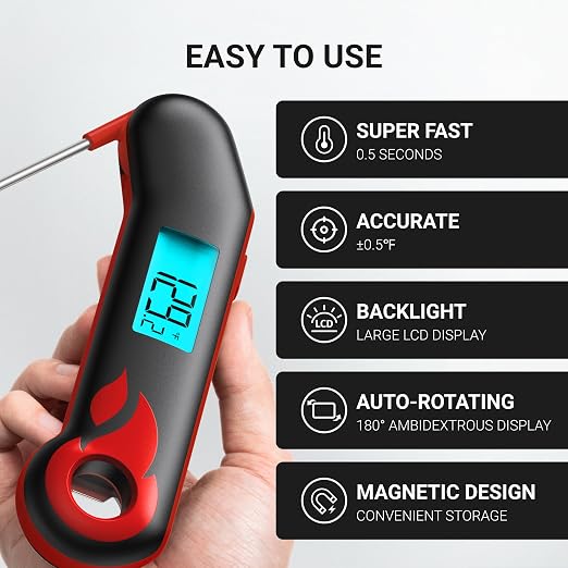 ThermoMaven Professional Meat Thermometer, Instant Read in 0.5 Sec, NIST Certified Accuracy ±0.5°F, IP67 Waterproof, Ambidextrous Backlight & Auto-Rotating Display, for BBQ/Grill/Cooking, Black&Red | Instant Read in 0.5 Sec, IP67 Waterproof, Ambidextro...