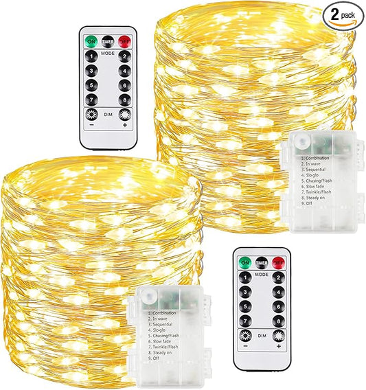 2 Pack 200 LED Fairy Lights Battery Operated with Remote, 66 FT Warm White | Cuttable, 8 Modes, Memory, Dimmable, Waterproof Battery String Lights with Timer for Indoor Outdoor, Christmas Decorations