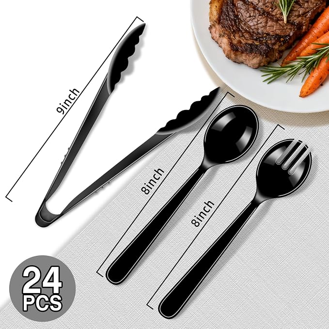 24 Pcs Black Plastic Serving Utensils Set, Elegant Disposable Party Spoons & Forks, Premium Heavy Duty Tableware for Birthday Party, Wedding, Halloween, Graduation, Buffet & Special Events