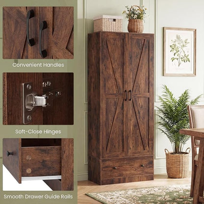 GIANTEX 72" Tall Kitchen Pantry Cabinet, Farmhouse Cupboard, Rustic Brown | Wooden Buffet Cabinet w/ 2 Doors, Drawer & Adjustable Shelf, Freestanding Versatile Storage Cabinet for Living Room Bathroom