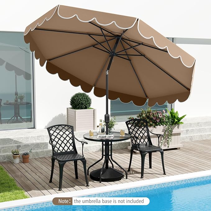 Tangkula 10 FT Patio Umbrella, 2-Tiers Scalloped Outdoor Table Market Umbrella with Tilt Adjustment, Crank, 8 Sturdy Ribs for Pool, Deck, Backyard (Coffee)