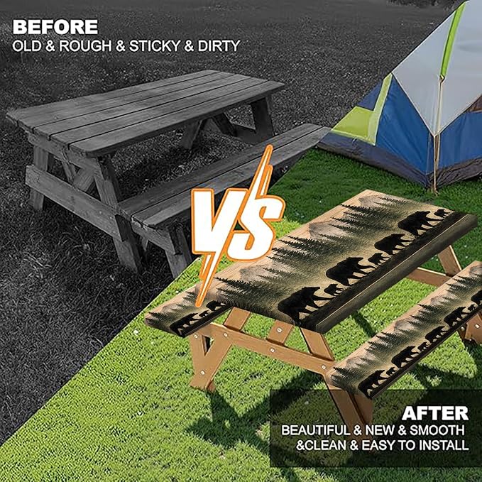 Picnic Table Cover with Bench Covers and Bag, Forest Mountain Bear Wooden Waterproof Windproof, Fitted Tablecloth Cover with Elastic Edge, for Indoor & Outdoor, Garden, Camping, 3 PCS 30x72 Inch