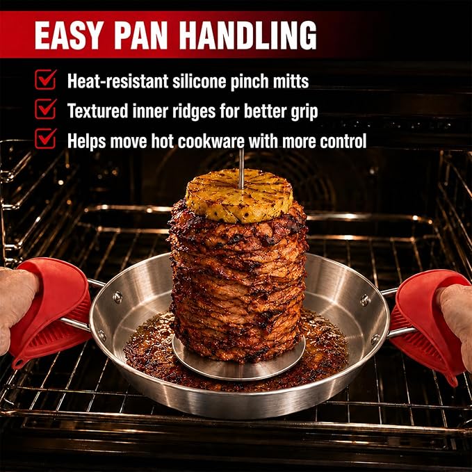 Al Pastor Skewer for Grill, 10 Inch Stainless Steel Vertical Skewer Pan with 5 Spikes, Grease Separator Tray, Tongs, Gloves & Basting Brushes, Shawarma Gyro Kebab Stand for Oven Smoker BBQ