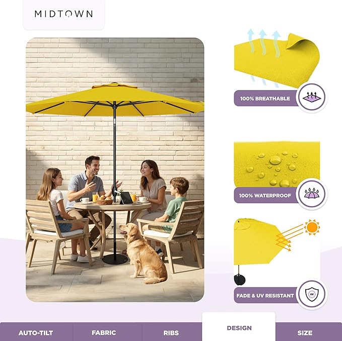 Midtown Umbrellas 10-Year-No-Fade - 8 Ft - UV Proof Sunflower (Yellow) Fabric - Umbrella Outdoor Patio, Auto-Tilt Aluminum Frame Patio Umbrella for Garden, Pool & Deck - Black Pole