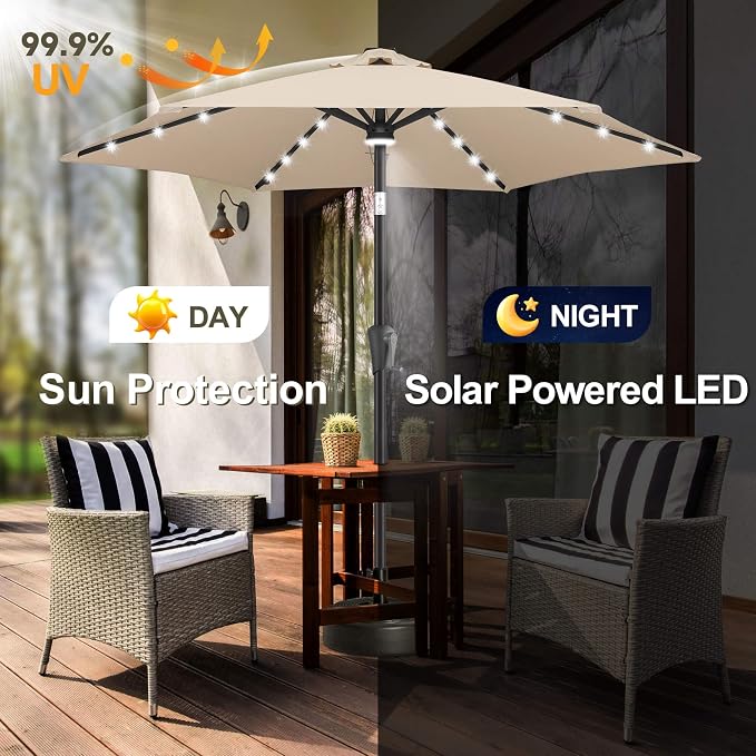 FLAME&SHADE Solar Patio Umbrella with Centre Light, 7.5 FT Beige | UV Protection, Small Solar Outdoor Umbrella for Porch, Deck, Backyard, Garden, Provides Evening Lighting, 24 LED Lights