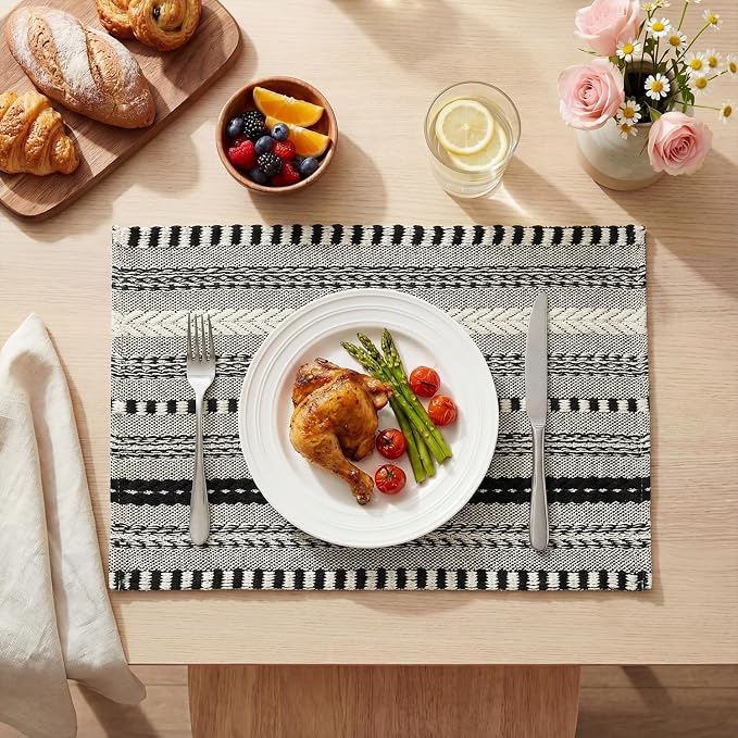 Artoid Mode Black Farmhouse Woven Braided Stripe Placemats Set of 6,12x18 Inch Seasonal Holiday Table Mats Party Kitchen Dining Decoration