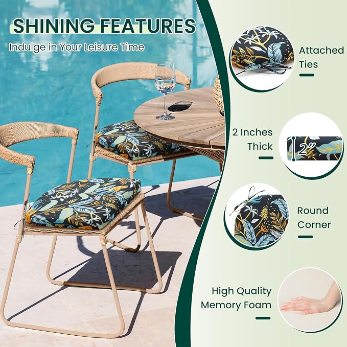 HARBOREST Outdoor Chair Cushions Set of 2, Water Resistant Patio Chair Cushions with Ties, Outdoor Seat Cushions for Patio Furniture, 17"x16"x2", Philomel