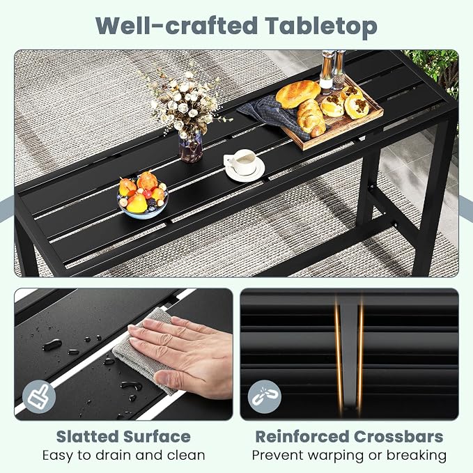 GIANTEX Outdoor Rectangle Bar Table with Counter Height, Slatted Top & Footrest, Heavy-Duty Metal Frame, 400Lbs Capacity, High Pub Table for Patio, Deck, Yard, Hot Tub, Balcony, Black (55")