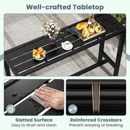 GIANTEX Outdoor Rectangle Bar Table with Counter Height, Slatted Top & Footrest, Heavy-Duty Metal Frame, 400Lbs Capacity, High Pub Table for Patio, Deck, Yard, Hot Tub, Balcony, Black (55")