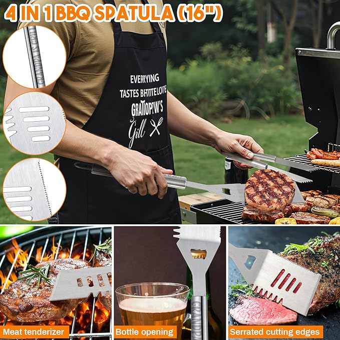 Boao 21 Pcs Fathers Day Grill Tool Set, Gifts for Grandpa from Grandkids, Heavy Duty BBQ Accessories with Aluminum Case and Apron for Outdoor Cooking, Camping, Backyard Barbecue