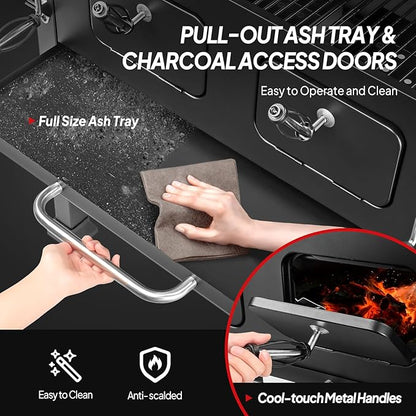 ROVSUN Charcoal Grill with Two Side Tables, Extra Large Cooking Area, Two Individual Lifting Charcoal Trays, Pull-out Ash Tray, Perfect BBQ Grill for Outdoor Picnic, Black