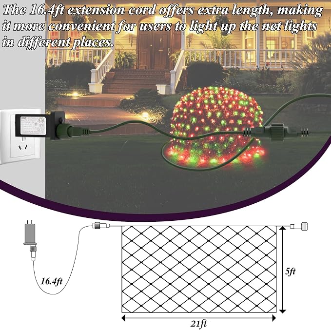 Lovelite 360LED Christmas Net Lights, 21ft x 5ft Mesh Lights Outdoor Green Wire 8 Modes Timer, Waterproof Connectable String Lights for Bushes Xmas Tree Garden Holiday Party Decor - Red Green