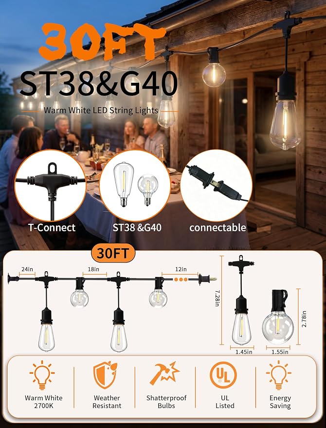 30FT 19-Light T Shape Outdoor String Lights, ST38 G40 Patio Lights | 19 Shatterproof LED Bulbs, 2700K Warm White, UL-Listed, Dimmable, IP65, Plug In, Commercial Grade Patio Pergola Cafe Backyard