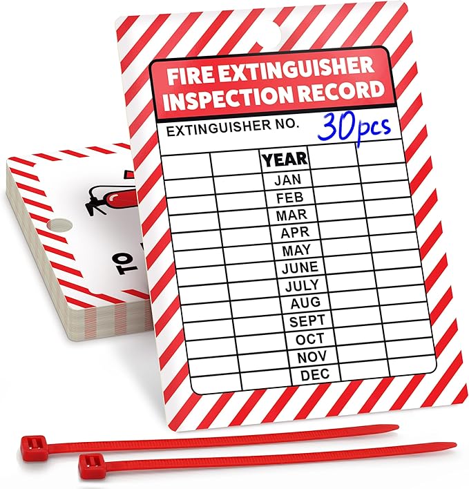 Fire Extinguisher Inspection Tags 2026-2029, Plastic 2.25 x 3 Inch Red for Indoor Outdoor Use, Durable Double-Sided Monthly Record and Pass Instructions, Include Zip Ties, 30 Pack