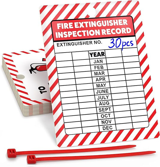 Fire Extinguisher Inspection Tags 2026-2029, Plastic 2.25 x 3 Inch Red for Indoor Outdoor Use, Durable Double-Sided Monthly Record and Pass Instructions, Include Zip Ties, 30 Pack