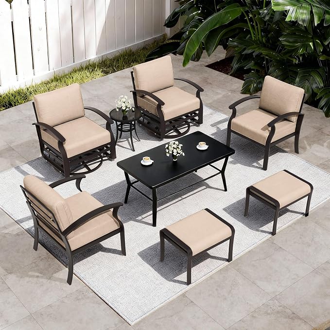 ALAULM Aluminum Patio Furniture Set with Coffee Table Rectangular, 6-seat Outdoor Sectional Furniture w/Swivel Chairs and 2 Ottomans, Patio Conversation Set for Porch, Backyard, Poolside-Sand