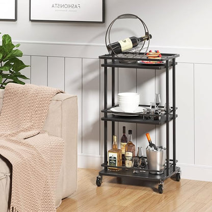 XYZLVSI Bar Cart, Home Bar Serving Cart, 3 Tier Kitchen Shelf with Wheels | Wood and metal, kitchen island storage cart with wheels, multifunction utility cart storage rack for dining room, living room