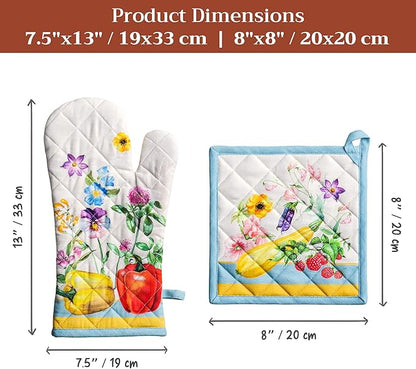 Maison d' Hermine 100% Cotton Oven Mitt & Pot Holder Set (7.5"x13" & 8"x8") Heat Resistant BBQ Cooking Gloves with Loop Baking Grilling Kitchen Hotel Home Farmhouse Spring Summer (Giverny)