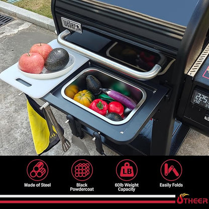 Utheer Front Folding Grill Table for Weber Searwood 600 – 23" x 12.5" Large Front Shelf with Stainless Steel Basin, Works Cutting Board, Lid & 5 Hooks, Heavy-Duty Weber Searwood 600 Accessories