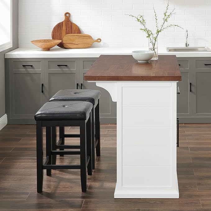 Crosley Furniture Bartlett Kitchen Island with Wood Top and Upholstered Square Stools, White/Black