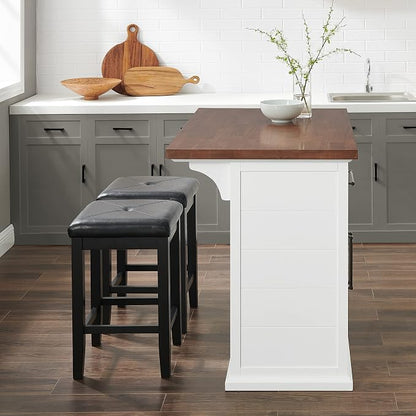 Crosley Furniture Bartlett Kitchen Island with Wood Top and Upholstered Square Stools, White/Black