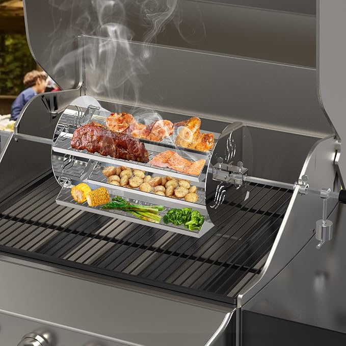 onlyfire Stainless Steel 18inch Rotisserie Basket Barbecue Rotating Tray | For Most Gas/Charcoal Grills, Fits for 1/2" & 3/8" Hexagon, 3/8" & 5/16" Square Spit Rods