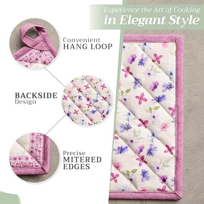 Maison d' Hermine Pot Holders 100% Cotton Heat Resistant Potholders 8" x 8" Hot Pads with Loop BBQ Cooking Baking Hotel Farmhouse Kitchen Handling Hot Pans Spring Summer (Pack of 1, Chardon)