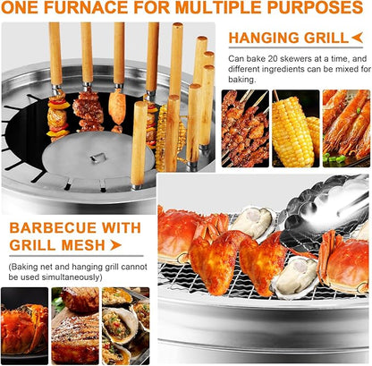 Smokeless Charcoal Hanging Kebob Grill, Stainless Steel With 20 Skewers, Portable Smokeless BBQ Charcoal Grill for Travel Camping Picnic Patio Backyard