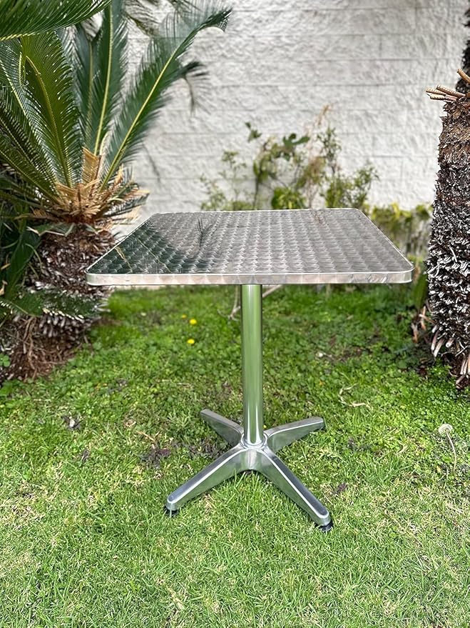 BTEXPERT 27.5" Square Indoor Outdoor Bistro Table – Stainless Steel Top, Aluminum Base, Commercial Restaurant Patio Table for Café, Balcony, Garden, Dining