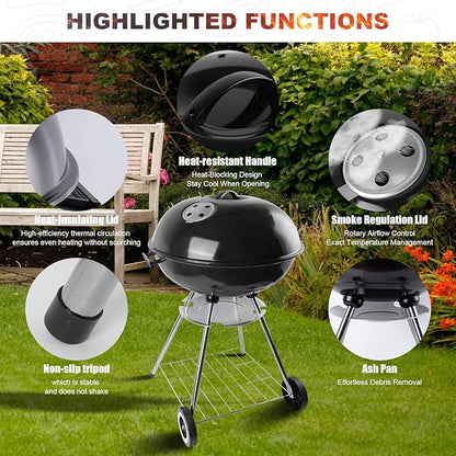 22-inch Charcoal Grill Kettle grill: Black Portable grill with stainless steel grilling net - backyard barbecue party grill (22inch)