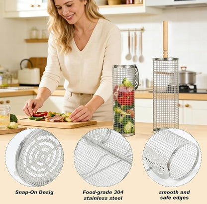 2PCS Rolling Grill Basket Grilling Accessories - Removable Wooden Handle, 304 Stainless Steel,Nesting Barbecue Tools,Smoker BBQ Accessories for Vagetable,Outdoor Cooking Camping,Picnic,Dinner Party,Gifts for Men Dad and Husband