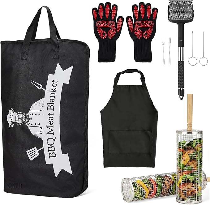 Pro BBQ Grill Tool Set 6-Piece - Stainless Steel Barbecue Accessories Kit with Heat Resistant Gloves, Meat Resting Blanket, Apron, 2 Grill Baskets & Cleaning Brush for Outdoor Camping Gifts