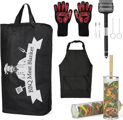 Pro BBQ Grill Tool Set 6-Piece - Stainless Steel Barbecue Accessories Kit with Heat Resistant Gloves, Meat Resting Blanket, Apron, 2 Grill Baskets & Cleaning Brush for Outdoor Camping Gifts
