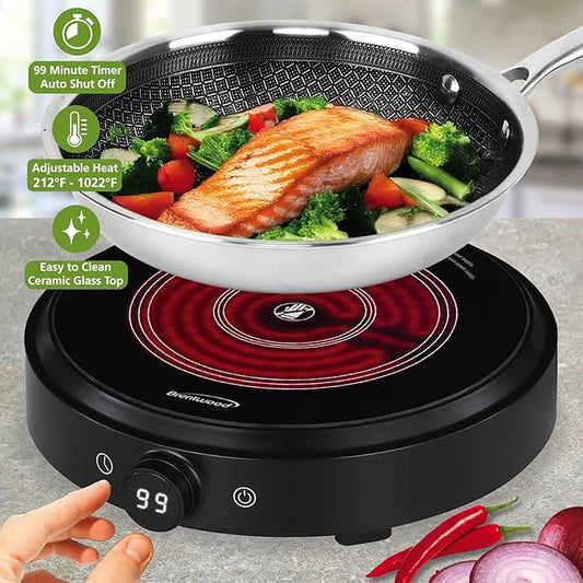 Brentwood Select 1500w 10-Inch Countertop Infrared Single Burner with Digital Touch Buttons, Knob, 9 Heat Settings, 99 Minute Timer, Black