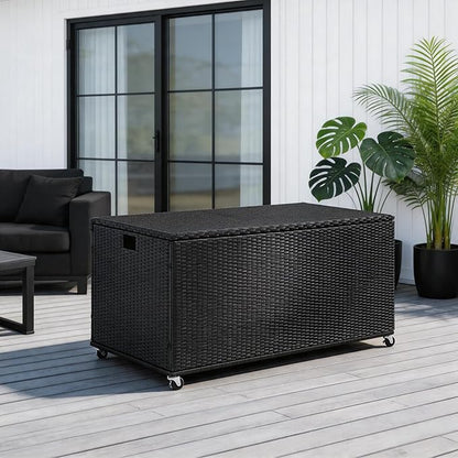 Outdoor 170 Gallon Water-Resistant Wicker Storage Box with Wheels, PE Rattan Deck Box with Waterproof Liner for Outside, Patio Storage Container with Hinged Lid, Horizontal Bin, Black
