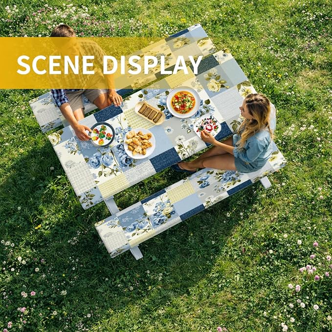Picnic Table Cover with Bench Covers, 72 X 30 Inch Elastic Fitted Camping Tablecloth with Strap Design for 6FT Rectangle Tables, Windproof Outdoor Tablecloth Set with Storage Bag