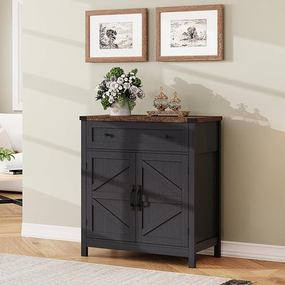 ChooChoo Kitchen Storage Cabinet, Coffee Bar Cabinet, Farmhouse Buffet Sideboard with Drawer for Kitchen, Living Room, Black